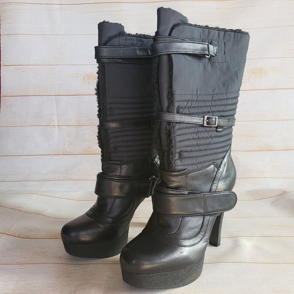 Nine West Platform Iryna Leather Fabric Winter Faux Fur Lined Boots Black 7 1/2